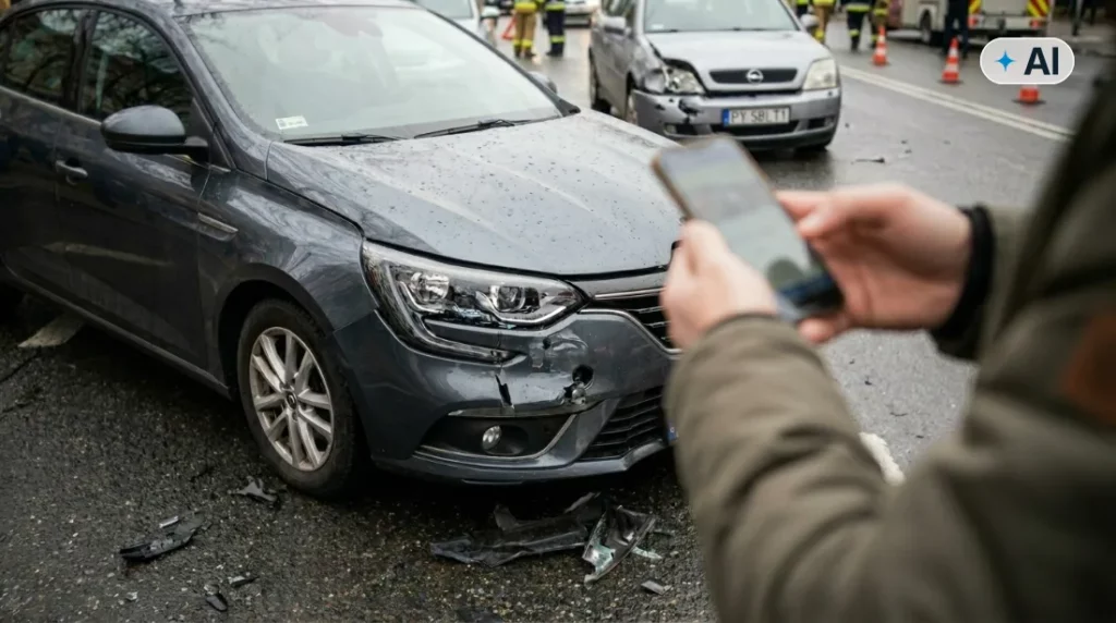 Obraz wygenerowany przez AI. Kierowca używający smartfona przy rozbitym samochodzie, wypełniający mobilne zgłoszenie szkody z OC sprawcy po stłuczce