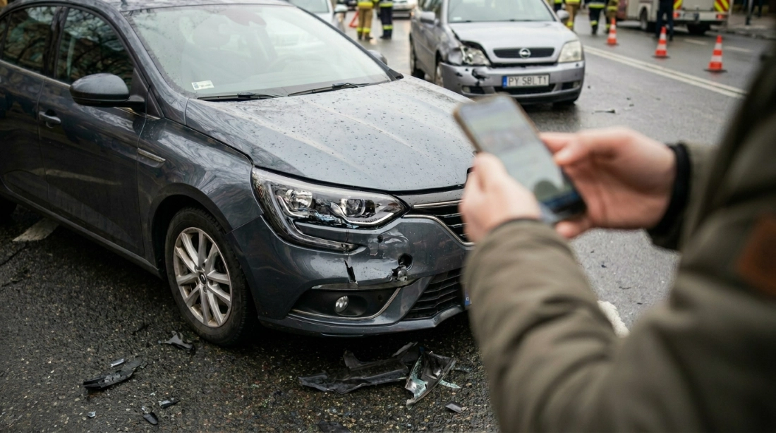 Kierowca używający smartfona przy rozbitym samochodzie, wypełniający mobilne zgłoszenie szkody z OC sprawcy po stłuczce