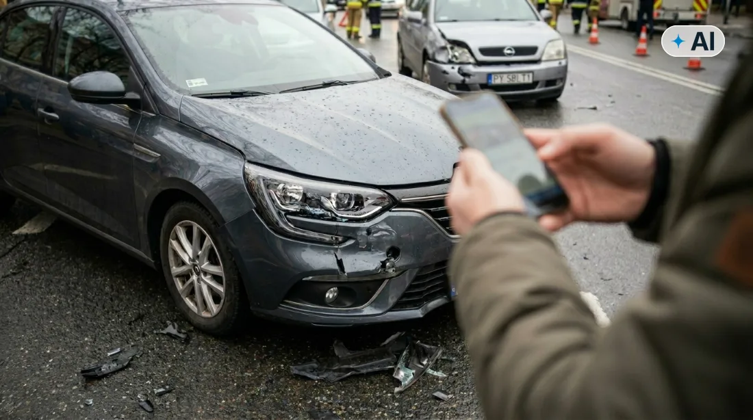 Obraz wygenerowany przez AI. Kierowca używający smartfona przy rozbitym samochodzie, wypełniający mobilne zgłoszenie szkody z OC sprawcy po stłuczce