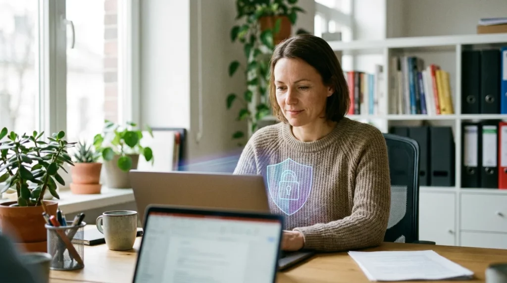 Właścicielka małej firmy pracująca przy laptopie w nowoczesnym biurze, motyw cyberubezpieczenia dla małej firmy
