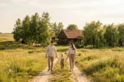 Rodzice i dziecko spacerujący polną drogą wśród łąk w letni dzień, w tle drzewa i wiejska zabudowa - ile powinna wynosić suma ubezpieczenia na życie