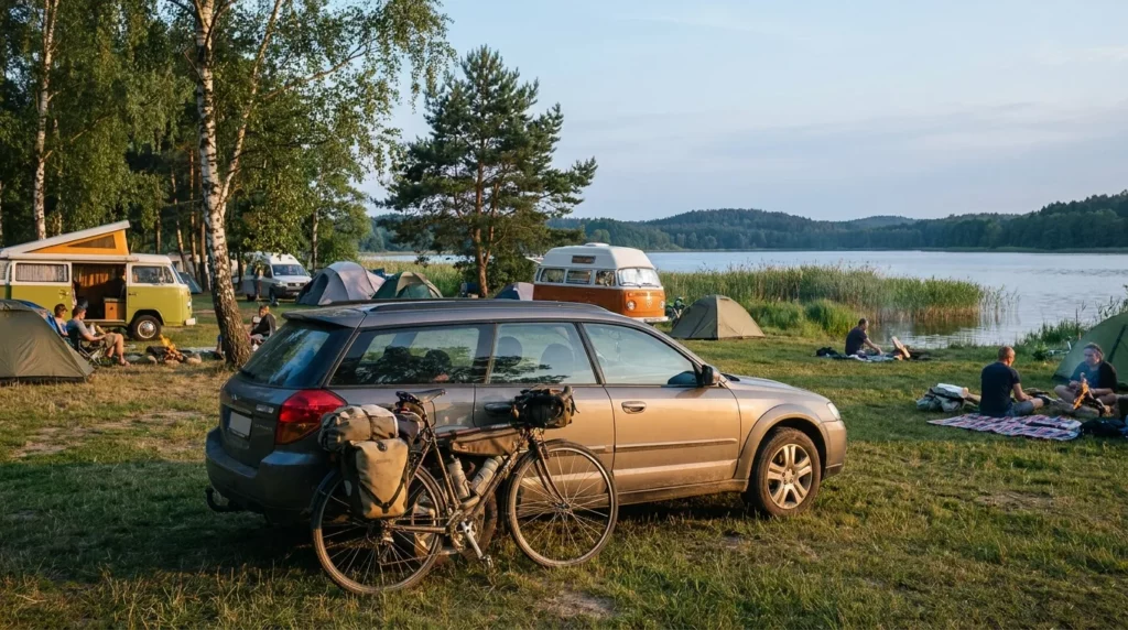 Rower turystyczny oparty o samochód na kempingu nad jeziorem w letni wieczór, w tle namioty i przyczepy kempingowe