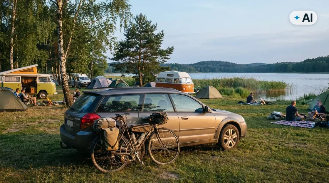 Obraz wygenerowany przez AI. Rower turystyczny oparty o samochód na kempingu nad jeziorem w letni wieczór, w tle namioty i przyczepy kempingowe