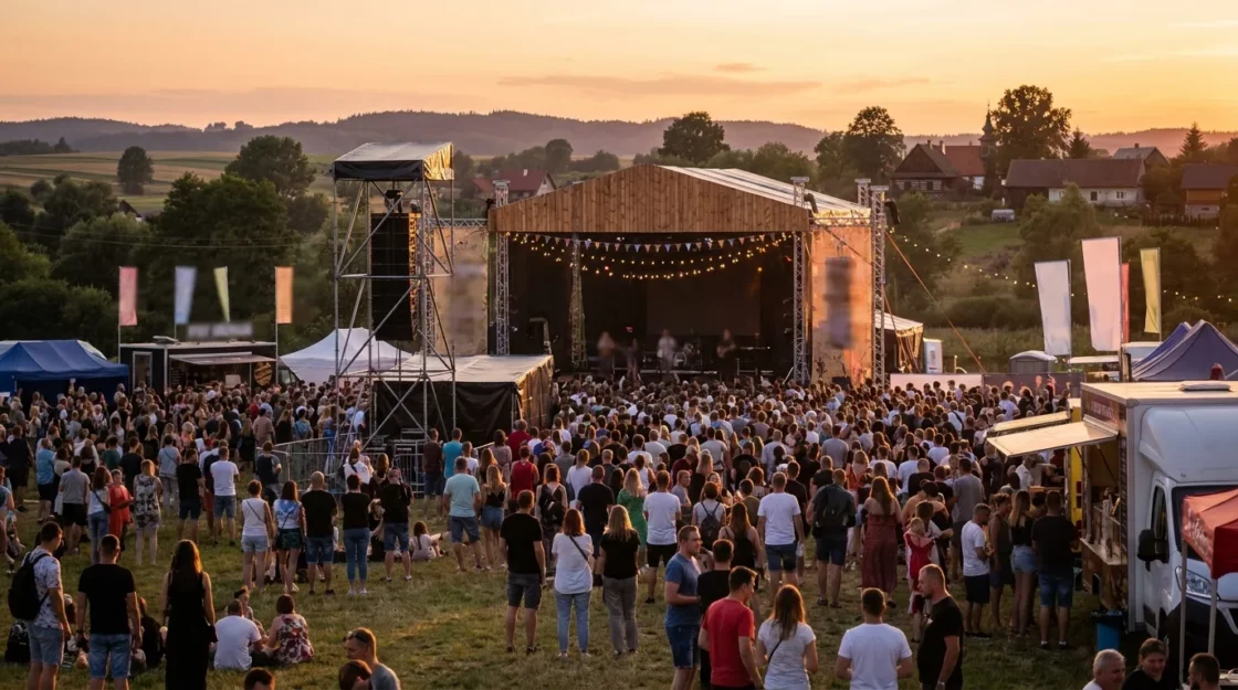 Plenerowy festiwal muzyczny w polskim mieście o zachodzie słońca, tłum uczestników przed sceną - OC organizatora imprezy plenerowej