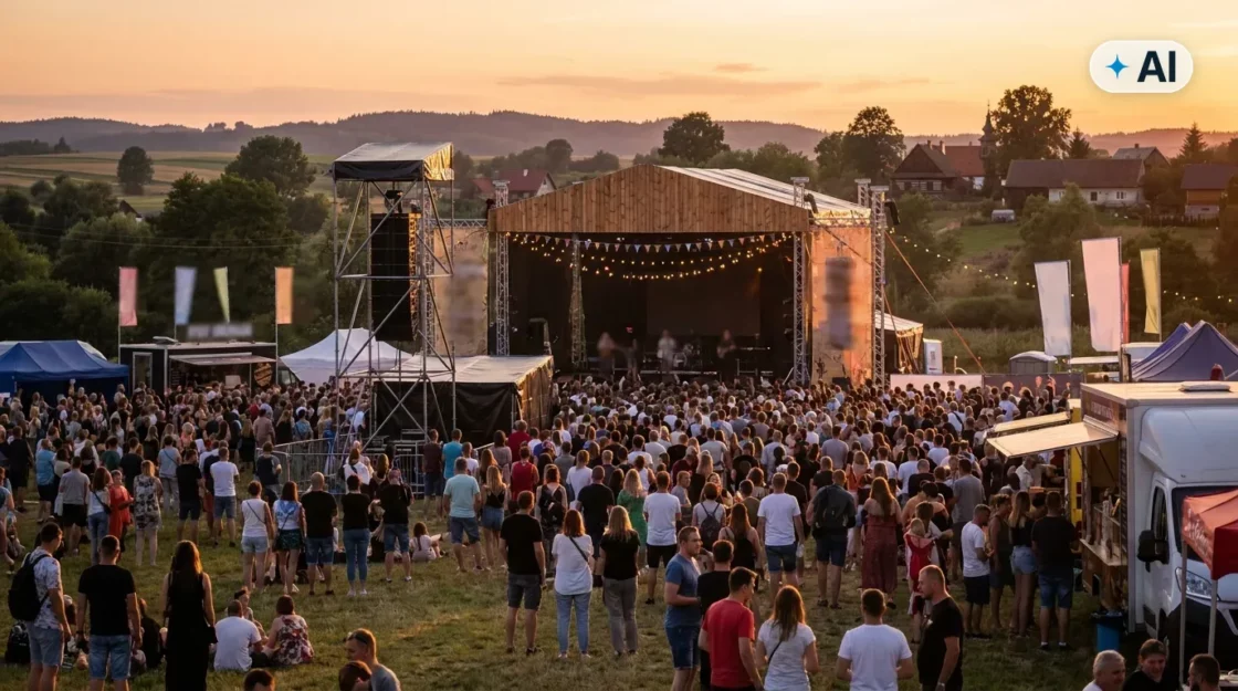 Obraz wygenerowany przez AI. Plenerowy festiwal muzyczny w polskim mieście o zachodzie słońca, tłum uczestników przed sceną - OC organizatora imprezy plenerowej