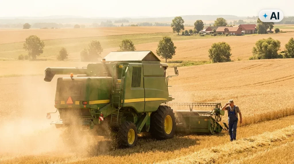 Obraz wygenerowany przez AI. Kombajn podczas żniw na polskim polu zboża w upalne lato - ryzyko pożaru i ubezpieczenie maszyn rolniczych