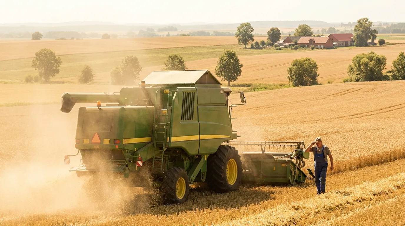 Kombajn podczas żniw na polskim polu zboża w upalne lato - ryzyko pożaru i ubezpieczenie maszyn rolniczych