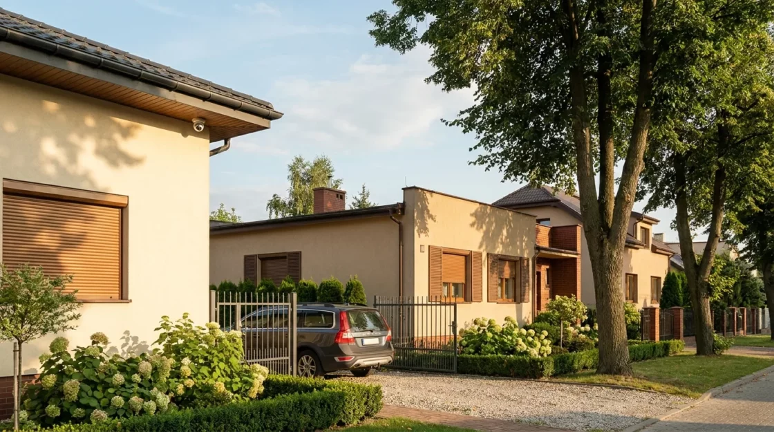 Spokojna polska ulica z domami jednorodzinnymi w letnie popołudnie, zamknięte okiennice i furtki, otoczenie zadbanego osiedla podmiejskiego