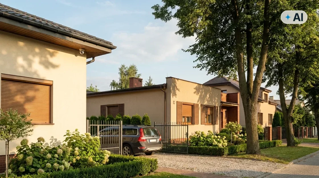 Obraz wygenerowany przez AI. Spokojna polska ulica z domami jednorodzinnymi w letnie popołudnie, zamknięte okiennice i furtki, otoczenie zadbanego osiedla podmiejskiego