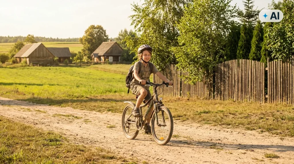 Obraz wygenerowany przez AI. Dziecko jadące na rowerze polną drogą w letni dzień, w tle zielone drzewa i słoneczna pogoda - ubezpieczenie NNW dziecka przed wakacjami