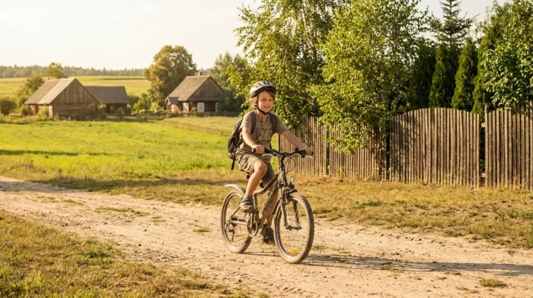 Dziecko jadące na rowerze polną drogą w letni dzień, w tle zielone drzewa i słoneczna pogoda - ubezpieczenie NNW dziecka przed wakacjami