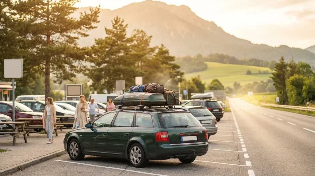 Samochód osobowy spakowany na wakacyjną podróż zaparkowany przy stacji granicznej, w tle europejski krajobraz i autostrada