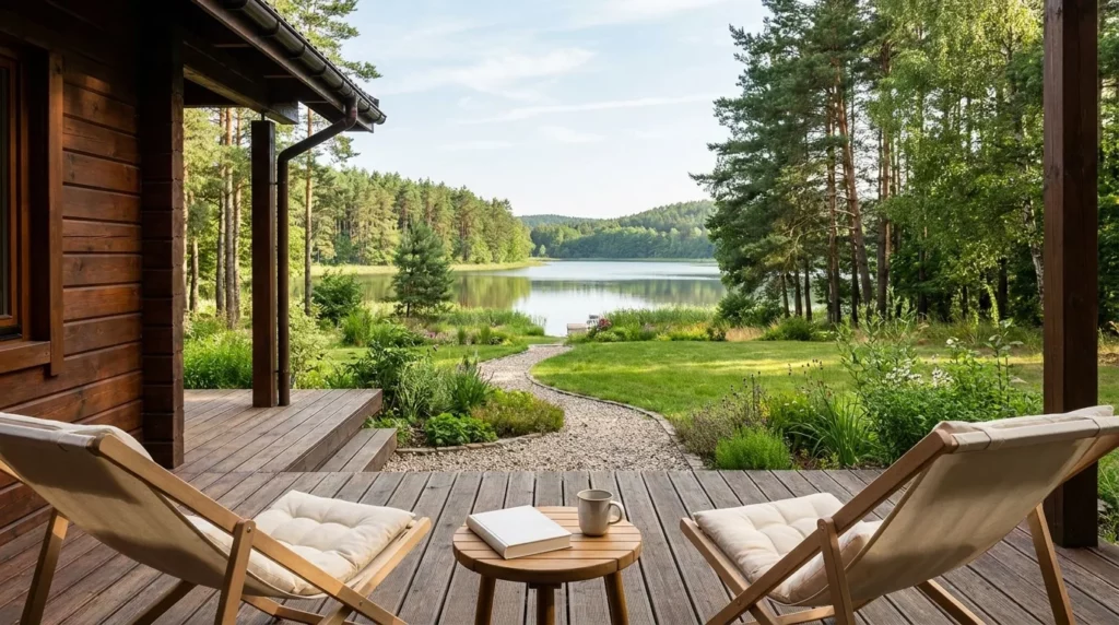 Drewniany domek letniskowy nad polskim jeziorem w letni dzień, taras z leżakami, otoczenie lasu i wody w pełnym kadrze