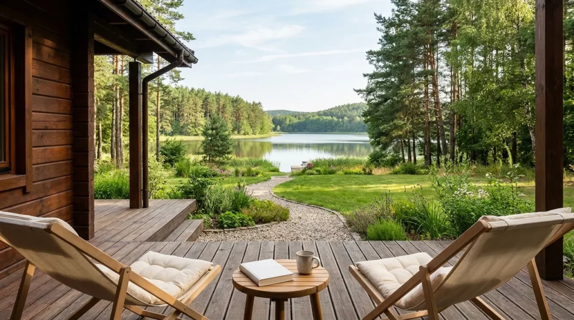 Drewniany domek letniskowy nad polskim jeziorem w letni dzień, taras z leżakami, otoczenie lasu i wody w pełnym kadrze