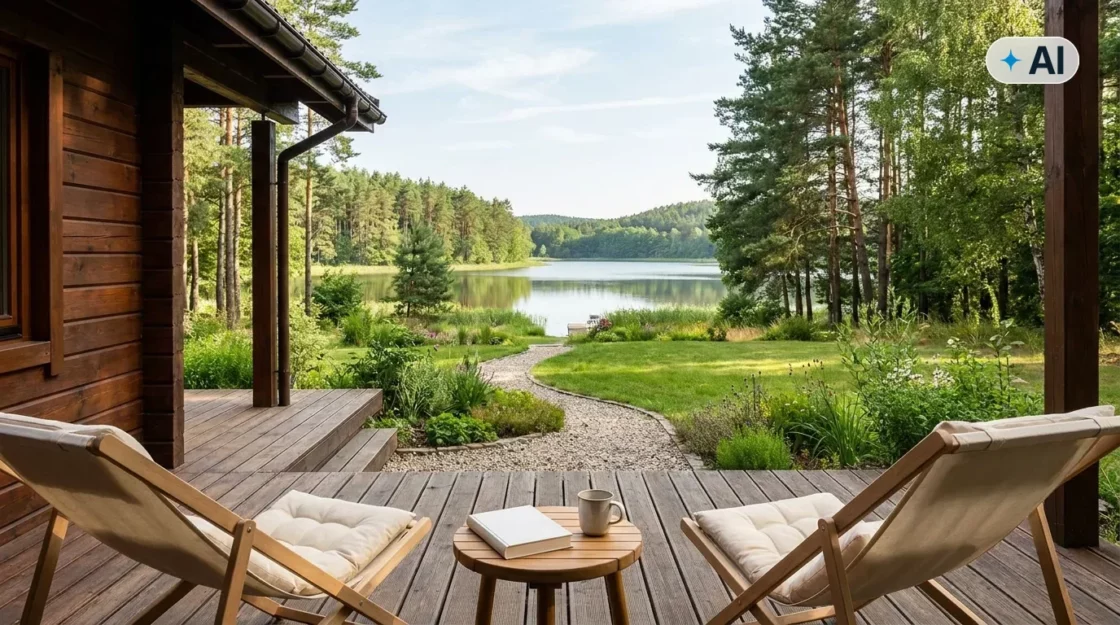 Obraz wygenerowany przez AI. Drewniany domek letniskowy nad polskim jeziorem w letni dzień, taras z leżakami, otoczenie lasu i wody w pełnym kadrze