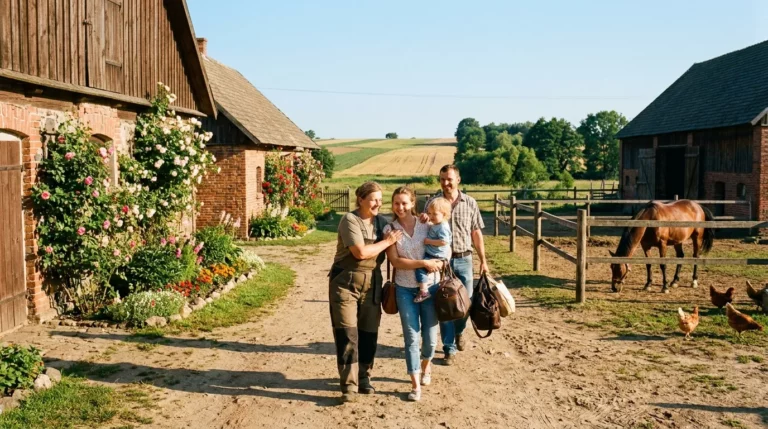 Gospodarz wita rodzinę gości na podwórzu polskiego gospodarstwa agroturystycznego - ubezpieczenie agroturystyki i OC rolnika
