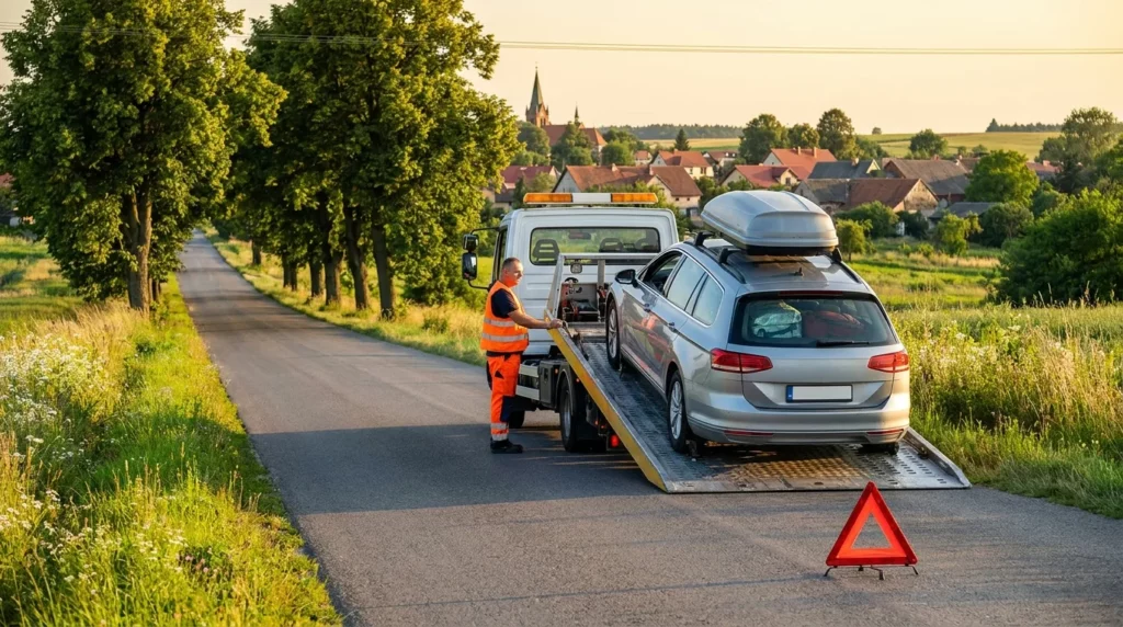 Assistance samochodowe w praktyce: kierowca w kamizelce odblaskowej czeka przy unieruchomionym aucie na lawetę na poboczu letniej trasy