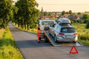Assistance samochodowe w praktyce: kierowca w kamizelce odblaskowej czeka przy unieruchomionym aucie na lawetę na poboczu letniej trasy