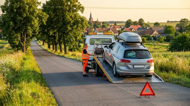 Assistance samochodowe w praktyce: kierowca w kamizelce odblaskowej czeka przy unieruchomionym aucie na lawetę na poboczu letniej trasy
