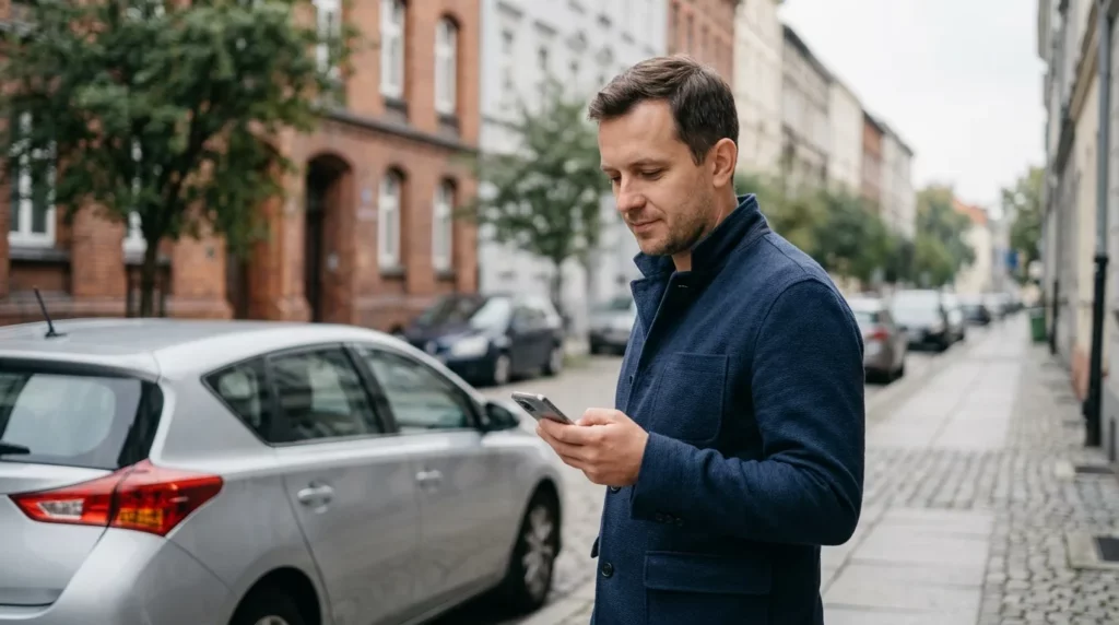 Kierowca sprawdza w telefonie ceny OC przy samochodzie zaparkowanym na miejskiej ulicy
