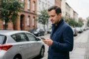 Kierowca sprawdza w telefonie ceny OC przy samochodzie zaparkowanym na miejskiej ulicy