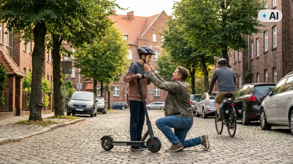 Obraz wygenerowany przez AI. Rodzic zapina kask nastolatkowi stojącemu przy hulajnodze elektrycznej na osiedlowej ulicy - kto płaci za szkody wyrządzone hulajnogą elektryczną