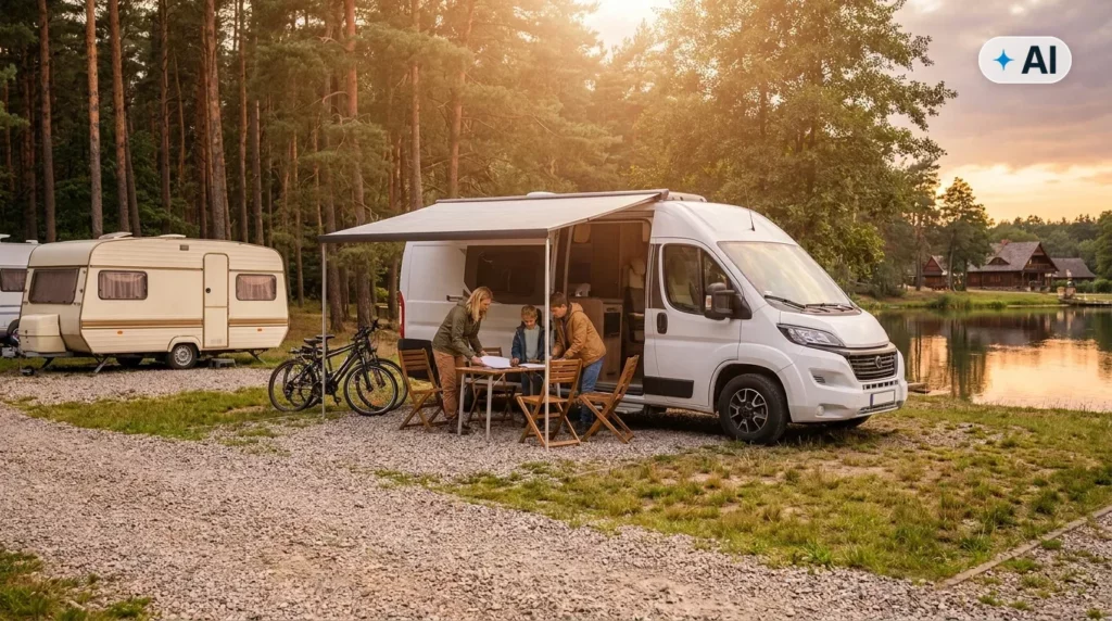 Obraz wygenerowany przez AI. Kamper z rozłożoną markizą i przyczepa kempingowa na leśnym kempingu nad jeziorem, rodzina przygotowuje posiłek - ubezpieczenie kampera i przyczepy kempingowej