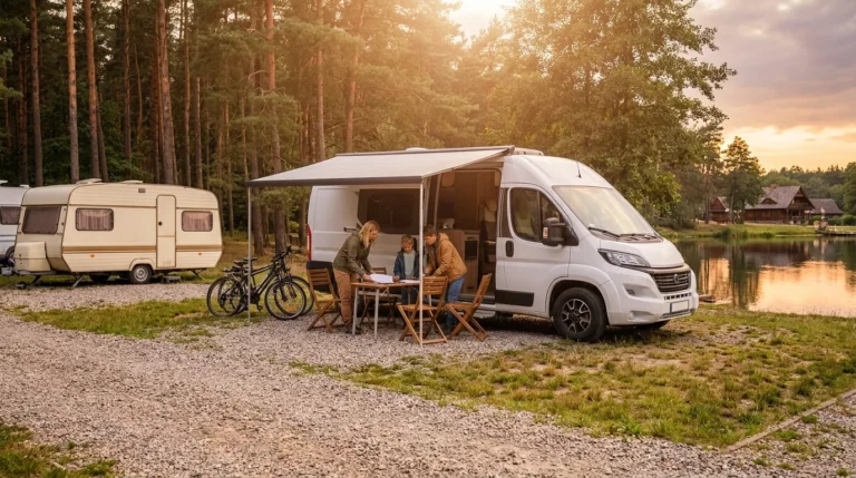 Kamper z rozłożoną markizą i przyczepa kempingowa na leśnym kempingu nad jeziorem, rodzina przygotowuje posiłek - ubezpieczenie kampera i przyczepy kempingowej