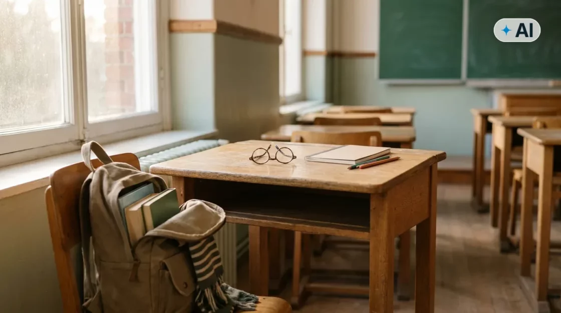 Obraz wygenerowany przez AI. Uczennica w szkolnym korytarzu z plecakiem, kontekst ubezpieczenia szkolnego dziecka