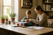 Mama z synem pakują kolorowy plecak szkolny przy kuchennym stole pełnym przyborów - NNW szkolne grupowe ze szkoły czy indywidualne dla dziecka