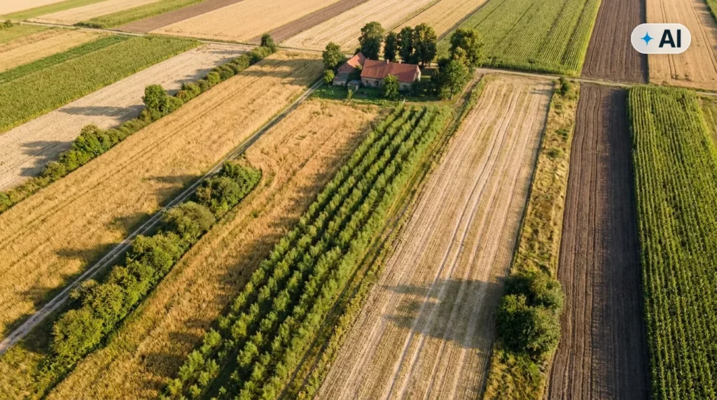 Obraz wygenerowany przez AI. Widok z lotu ptaka na polskie pola: łąki traw nasiennych, rzędy wierzby do wyplatania i zagroda, nowe limity sum ubezpieczenia upraw od 4 sierpnia 2026