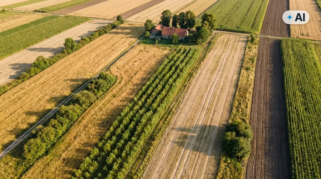 Obraz wygenerowany przez AI. Widok z lotu ptaka na polskie pola: łąki traw nasiennych, rzędy wierzby do wyplatania i zagroda, nowe limity sum ubezpieczenia upraw od 4 sierpnia 2026
