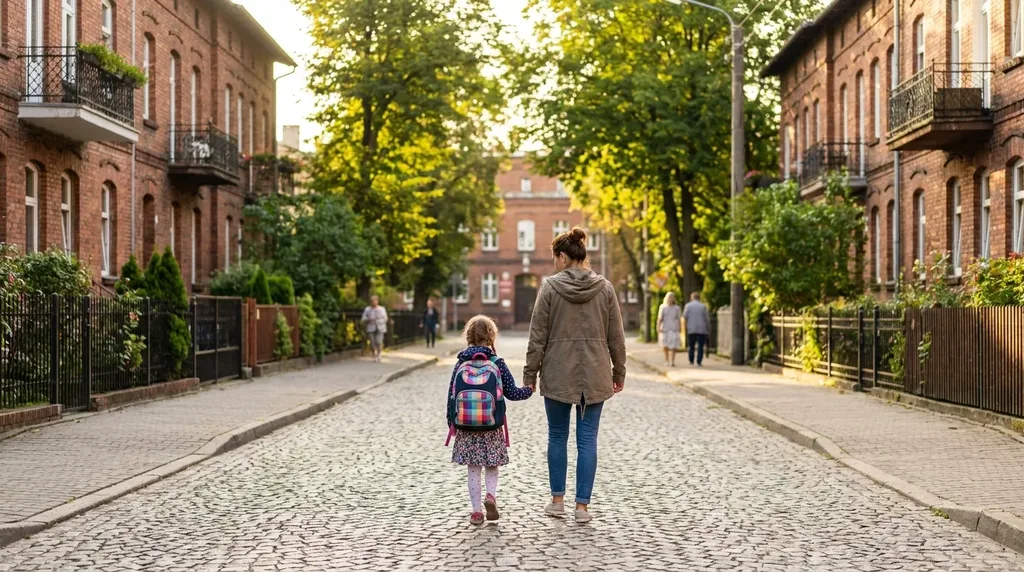 Mama prowadzi córkę z plecakiem szkolnym do szkoły ulicą polskiego miasteczka we wrześniowy poranek - polisa posagowa i oszczędzanie na start dziecka