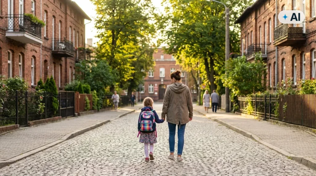 Obraz wygenerowany przez AI. Mama prowadzi córkę z plecakiem szkolnym do szkoły ulicą polskiego miasteczka we wrześniowy poranek - polisa posagowa i oszczędzanie na start dziecka