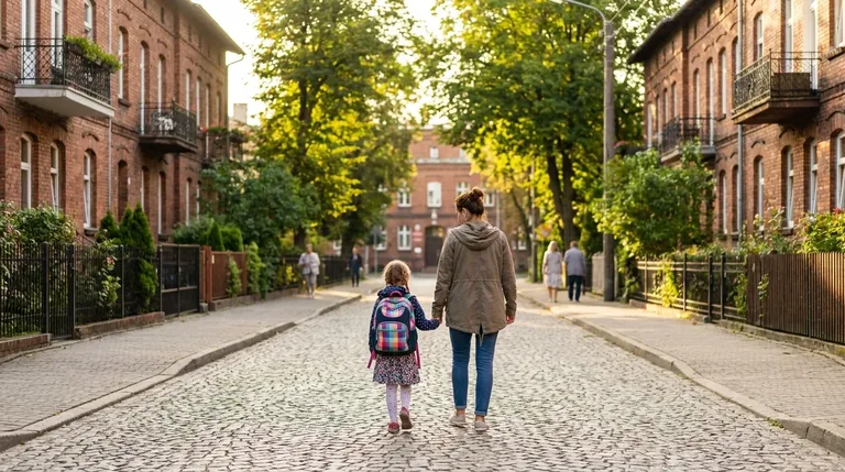 Mama prowadzi córkę z plecakiem szkolnym do szkoły ulicą polskiego miasteczka we wrześniowy poranek - polisa posagowa i oszczędzanie na start dziecka