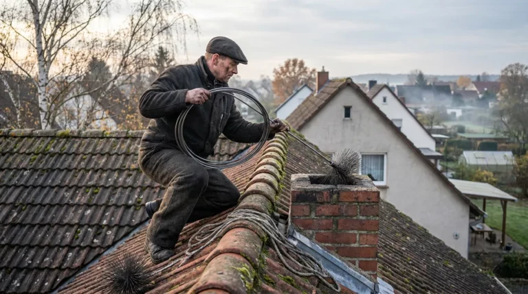 Kominiarz na dachu polskiego domu jednorodzinnego podczas jesiennego przeglądu kominiarskiego