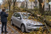 Obraz wygenerowany przez AI. Drzewo spadło na samochód po jesiennej wichurze: złamany konar leży na dachu auta zaparkowanego przy osiedlowej ulicy
