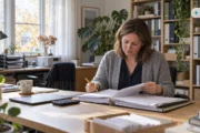 Obraz wygenerowany przez AI. Księgowa w małym biurze rachunkowym przegląda dokumenty klienta przy biurku, kontekst OC biura rachunkowego