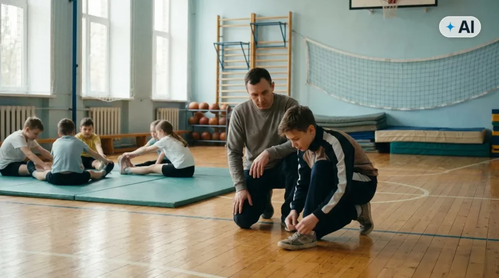Obraz wygenerowany przez AI. Trener w hali sportowej asekuruje młodą zawodniczkę podczas zajęć, kontekst OC nauczyciela, trenera i instruktora