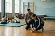 Trener w hali sportowej asekuruje młodą zawodniczkę podczas zajęć, kontekst OC nauczyciela, trenera i instruktora