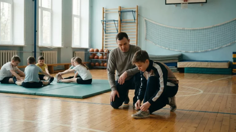Trener w hali sportowej asekuruje młodą zawodniczkę podczas zajęć, kontekst OC nauczyciela, trenera i instruktora