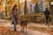 Obraz wygenerowany przez AI. Kobieta prowadzi dużego psa na smyczy jesienną alejką osiedlowego parku, obok przebiega biegacz, kontekst ubezpieczenia OC psa