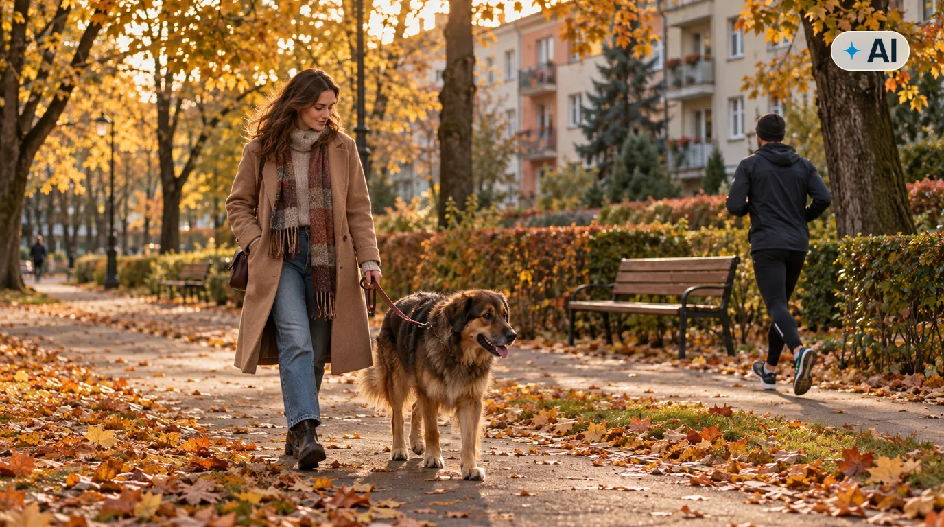 Obraz wygenerowany przez AI. Kobieta prowadzi dużego psa na smyczy jesienną alejką osiedlowego parku, obok przebiega biegacz, kontekst ubezpieczenia OC psa