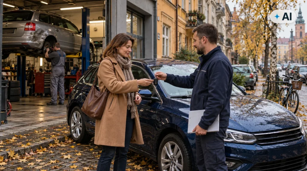Obraz wygenerowany przez AI. Samochód zastępczy z OC sprawcy: kobieta odbiera kluczyki do auta zastępczego przed warsztatem, w którym naprawiany jest jej samochód