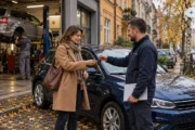 Obraz wygenerowany przez AI. Samochód zastępczy z OC sprawcy: kobieta odbiera kluczyki do auta zastępczego przed warsztatem, w którym naprawiany jest jej samochód