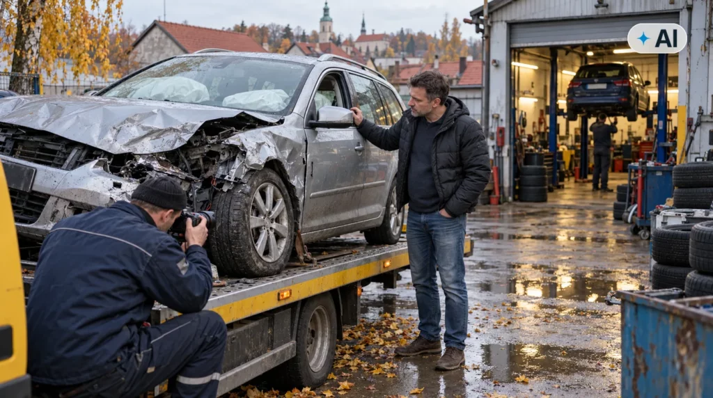 Obraz wygenerowany przez AI. Rozbite kombi na lawecie przed warsztatem, właściciel i rzeczoznawca oglądają uszkodzenia po szkodzie całkowitej z OC sprawcy