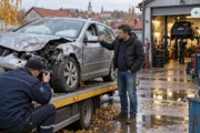 Obraz wygenerowany przez AI. Rozbite kombi na lawecie przed warsztatem, właściciel i rzeczoznawca oglądają uszkodzenia po szkodzie całkowitej z OC sprawcy