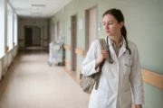 Studentka w fartuchu z plecakiem na szpitalnym korytarzu, ubezpieczenie dla studenta na praktyki