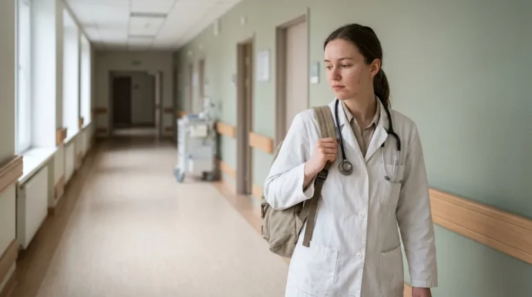 Studentka w fartuchu z plecakiem na szpitalnym korytarzu, ubezpieczenie dla studenta na praktyki