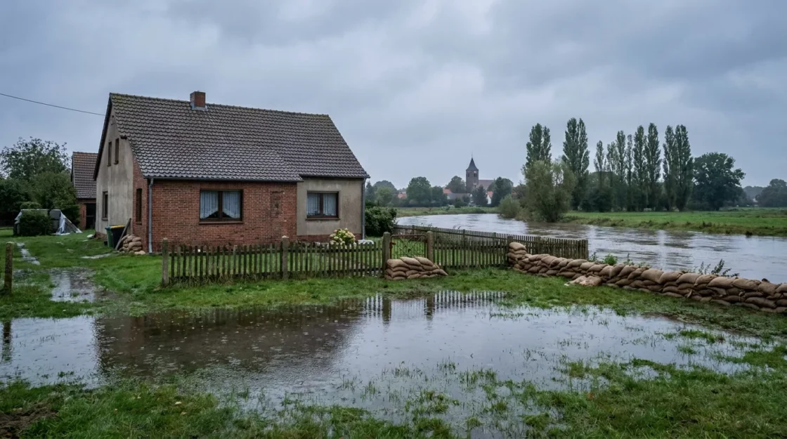 Dom jednorodzinny nad rozlaną rzeką i worki z piaskiem przy ogrodzeniu, ubezpieczenie domu od powodzi